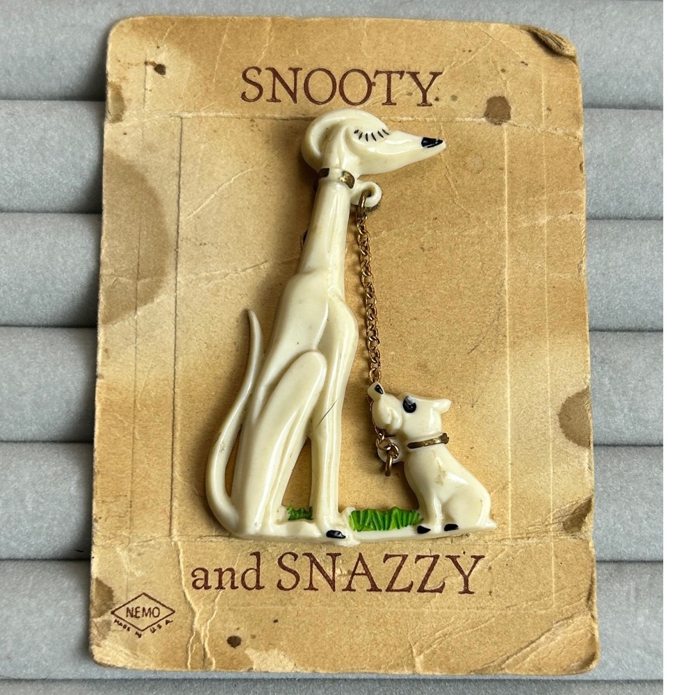 1940s Nemo Snooty & Snazzy Dog Brooch Pin Original Card Celluloid Vintage Deco